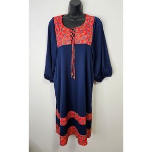 Vintage 60s 70s Prairie Midi Dress Sz M Navy Blue Red Florals Boho Bohemian …